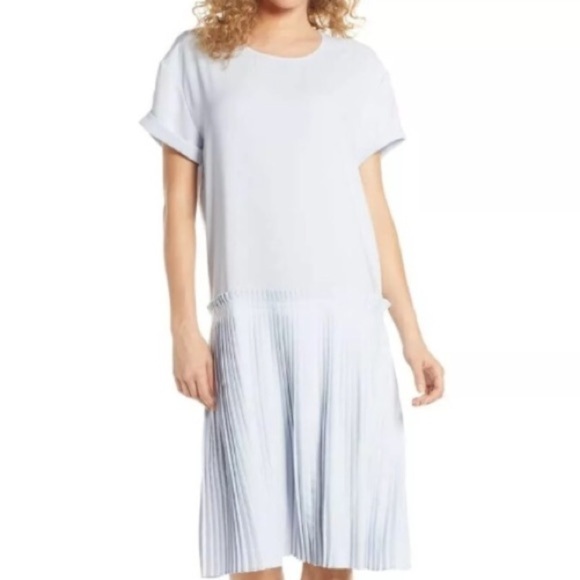 Nordstrom CAARA Short Sleeve Baby Blue Pleated Dropped Waist Relaxed Midi Dress - Picture 1 of 15